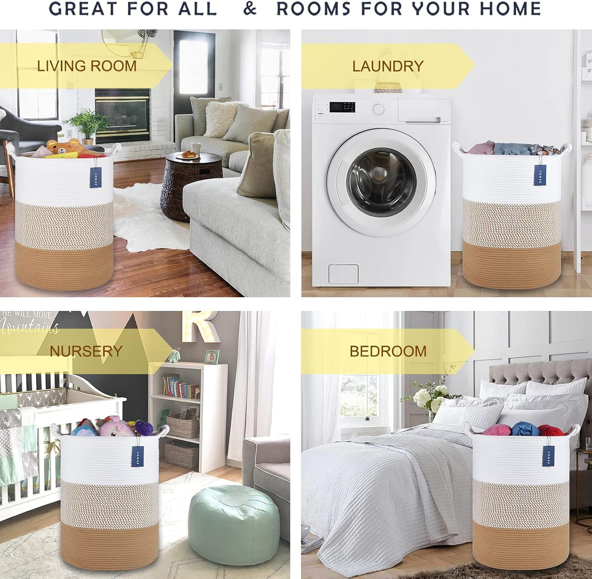 Tall Woven Blanket & Laundry Basket, 72L, Blend White & Navy Blue