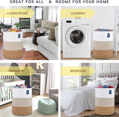 Tall Woven Blanket & Laundry Basket, 72L, Blend White & Navy Blue