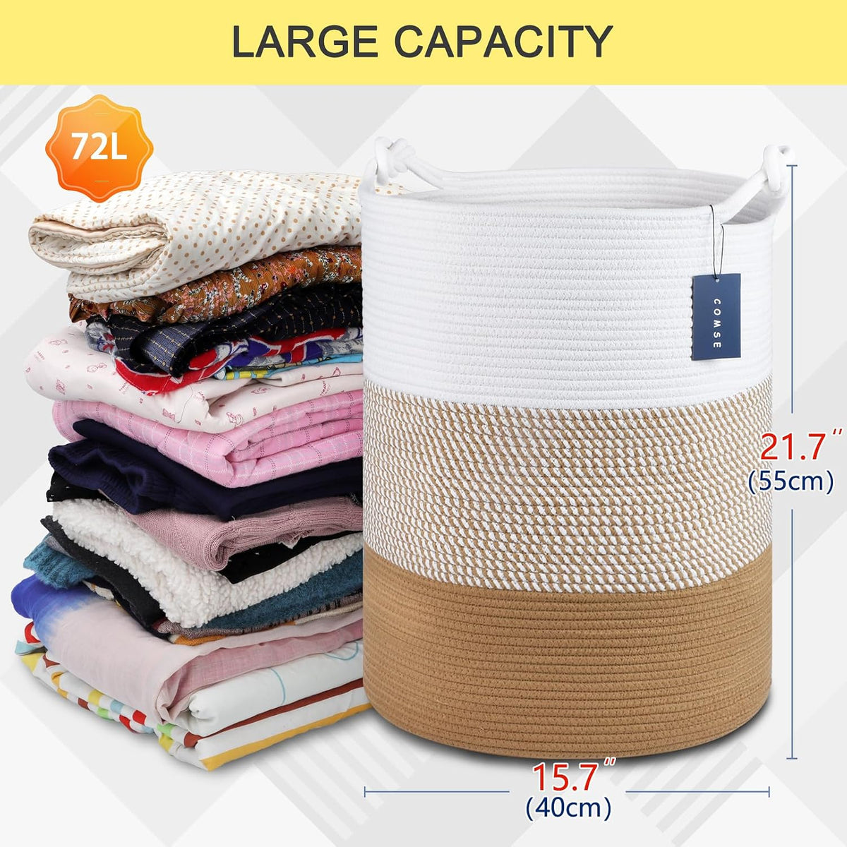 Tall Woven Blanket & Laundry Basket, 72L, Blend White & Navy Blue