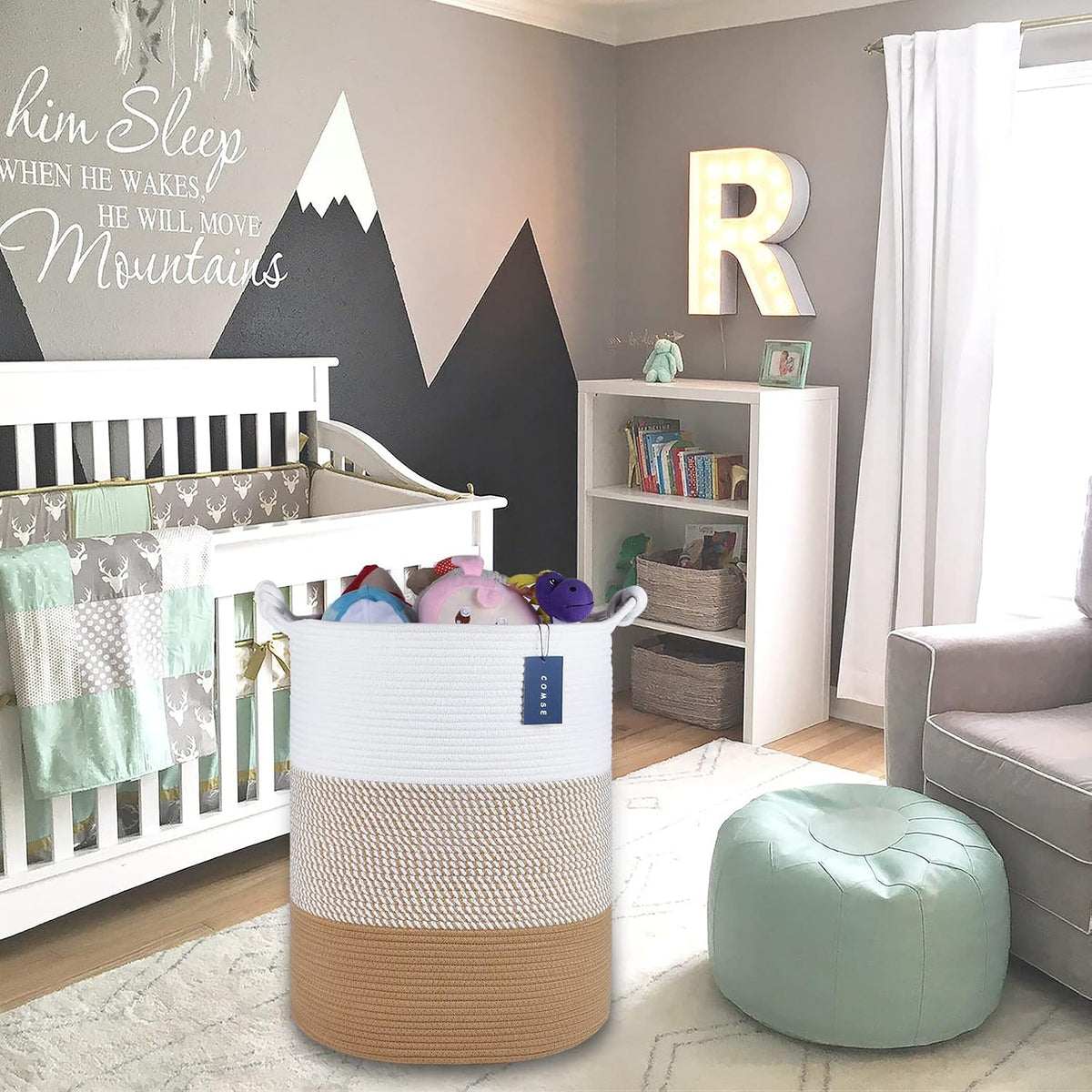 Tall Woven Blanket & Laundry Basket, 72L, Blend White & Navy Blue