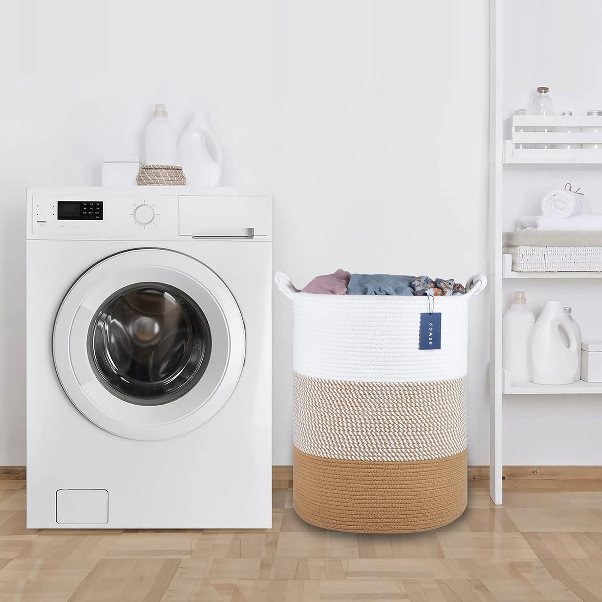Tall Woven Blanket & Laundry Basket, 72L, Blend White & Navy Blue