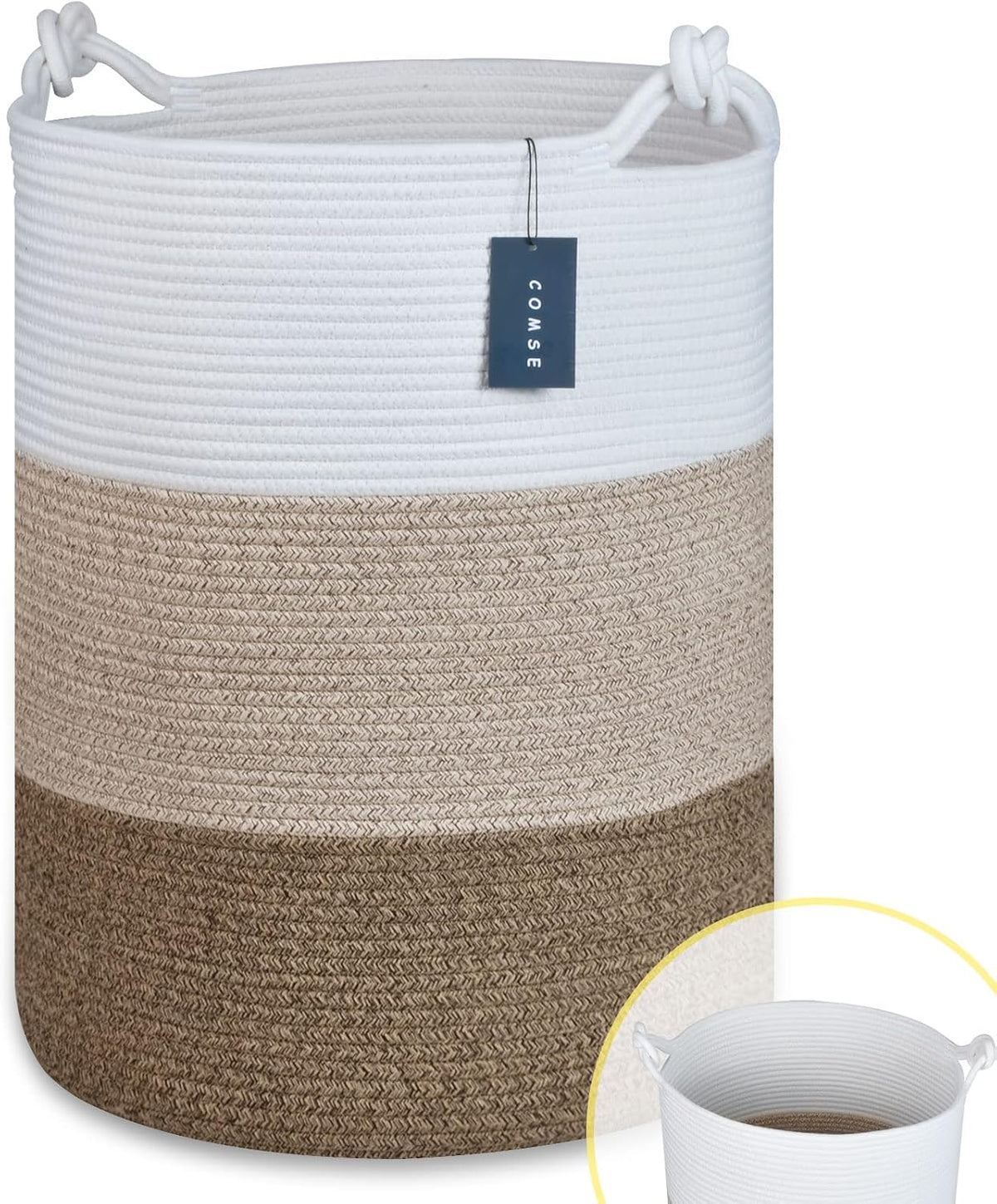Tall Woven Blanket & Laundry Basket, 72L, Blend White & Navy Blue