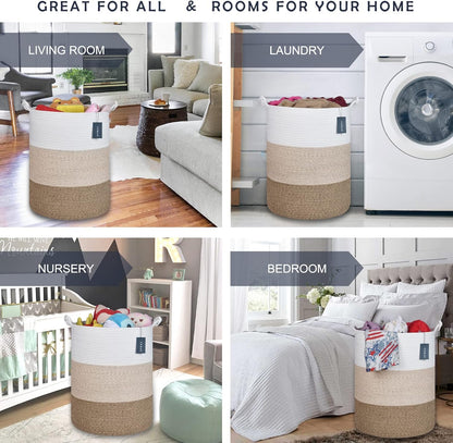 Tall Woven Blanket & Laundry Basket, 72L, Blend White & Navy Blue