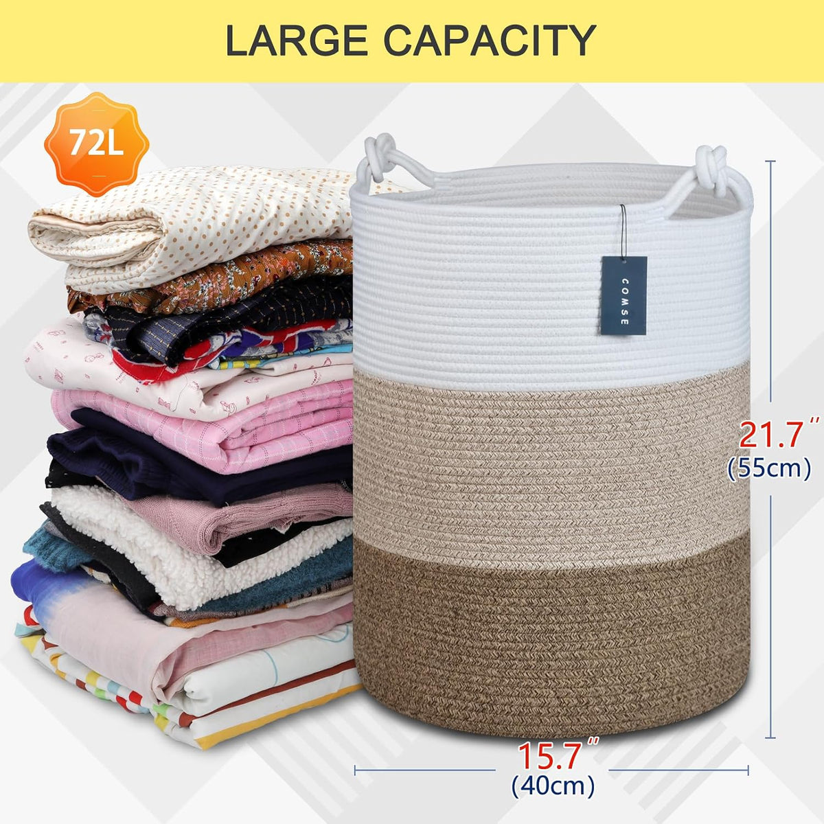 Tall Woven Blanket & Laundry Basket, 72L, Blend White & Navy Blue