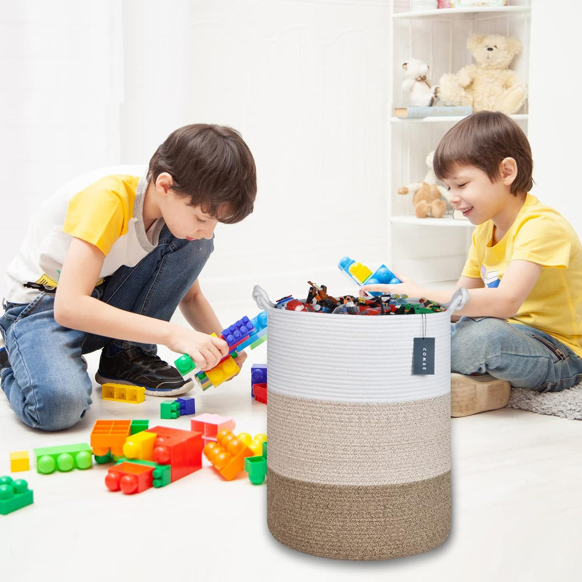 Tall Woven Blanket & Laundry Basket, 72L, Blend White & Navy Blue