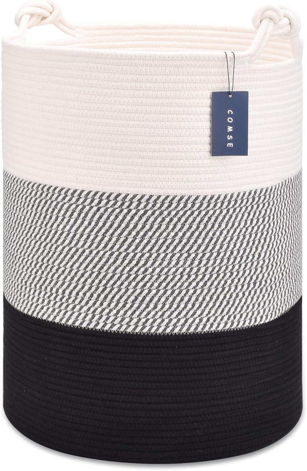 Tall Woven Blanket & Laundry Basket, 72L, Blend White & Navy Blue