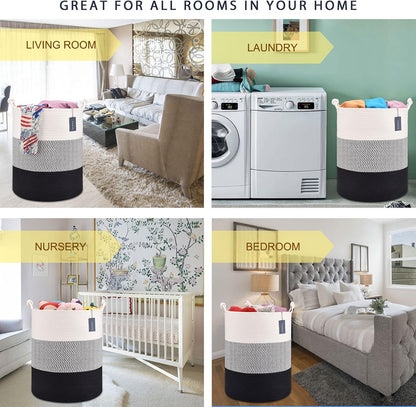 Tall Woven Blanket & Laundry Basket, 72L, Blend White & Navy Blue