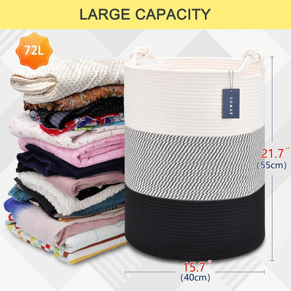 Tall Woven Blanket & Laundry Basket, 72L, Blend White & Navy Blue