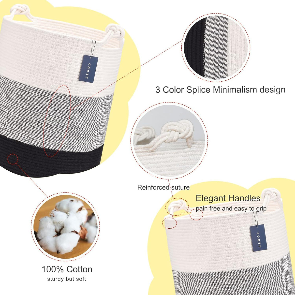 Tall Woven Blanket & Laundry Basket, 72L, Blend White & Navy Blue