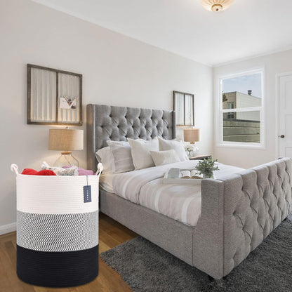 Tall Woven Blanket & Laundry Basket, 72L, Blend White & Navy Blue