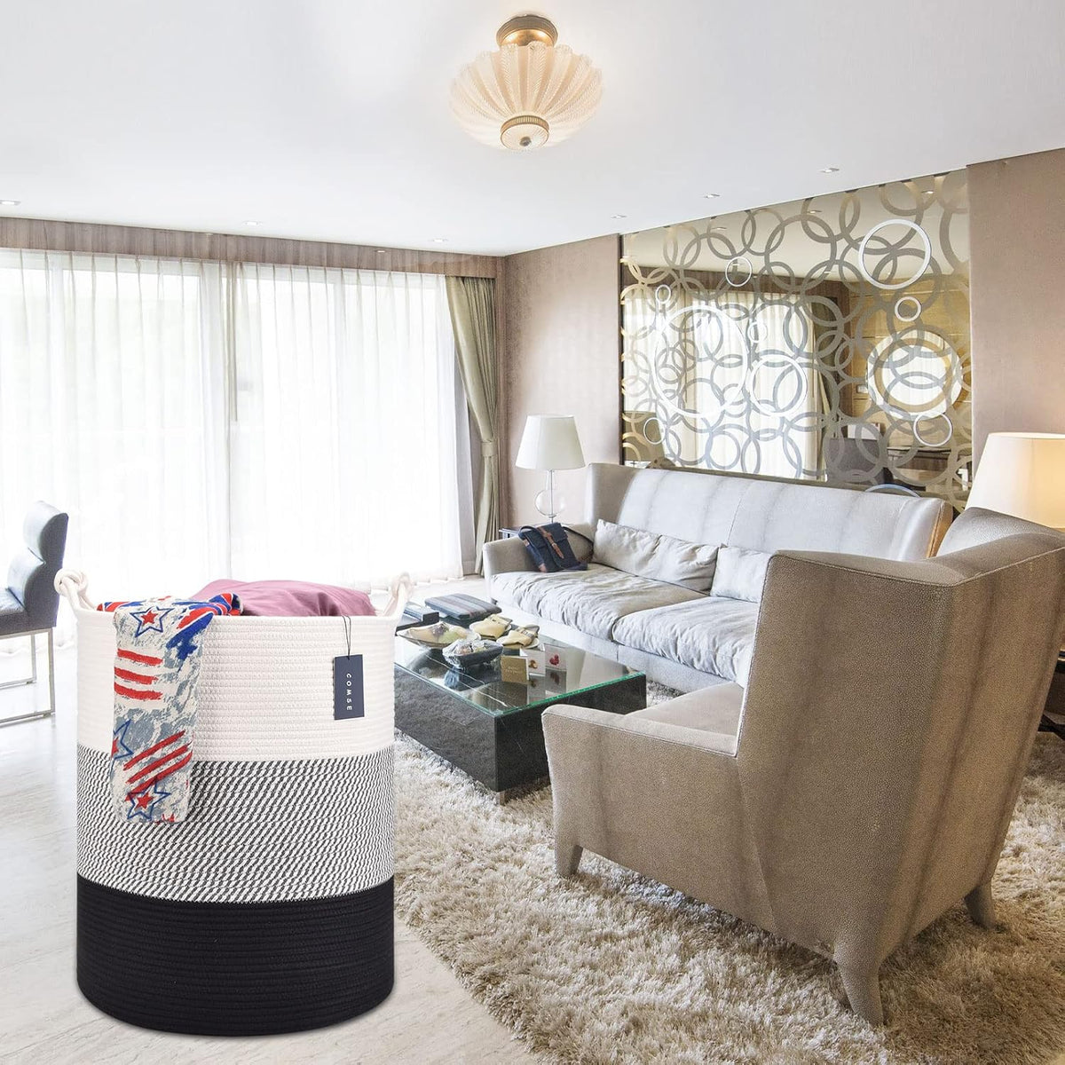 Tall Woven Blanket & Laundry Basket, 72L, Blend White & Navy Blue