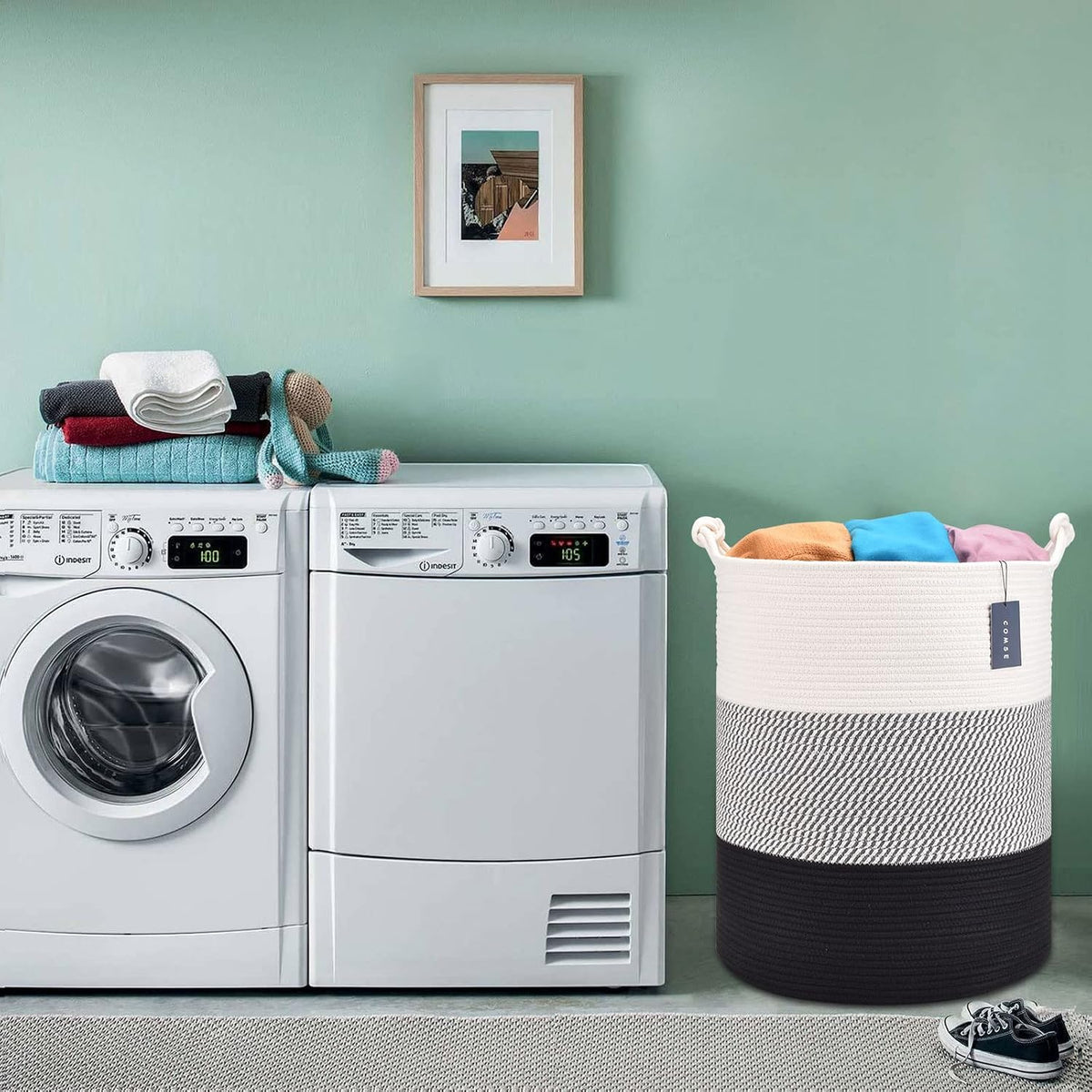 Tall Woven Blanket & Laundry Basket, 72L, Blend White & Navy Blue