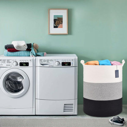Tall Woven Blanket & Laundry Basket, 72L, Blend White & Navy Blue