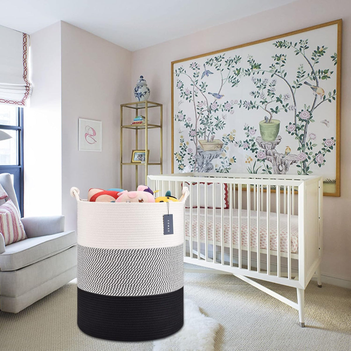 Tall Woven Blanket & Laundry Basket, 72L, Blend White & Navy Blue