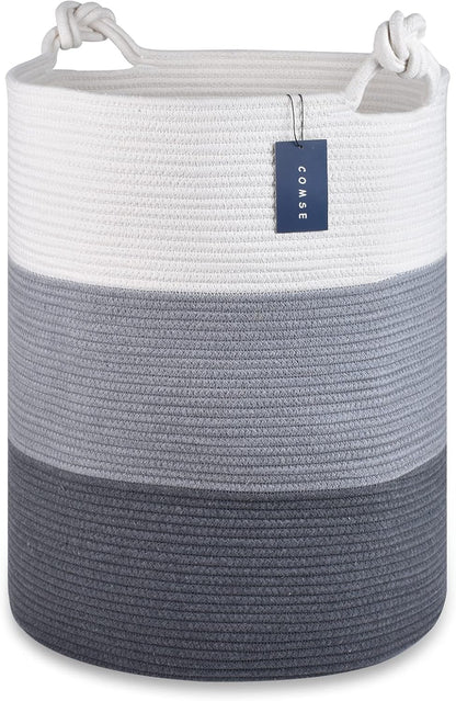 Tall Woven Blanket & Laundry Basket, 72L, Blend White & Navy Blue