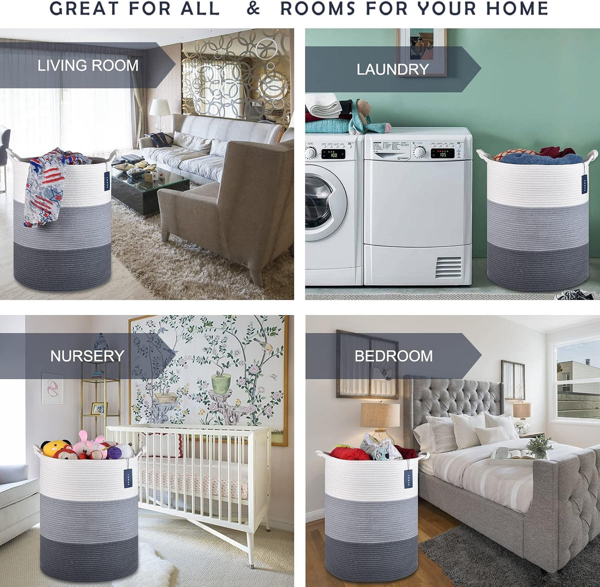 Tall Woven Blanket & Laundry Basket, 72L, Blend White & Navy Blue