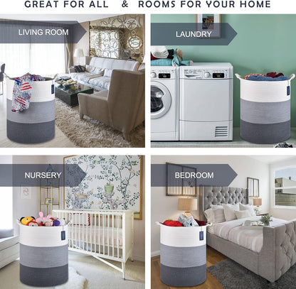 Tall Woven Blanket & Laundry Basket, 72L, Blend White & Navy Blue