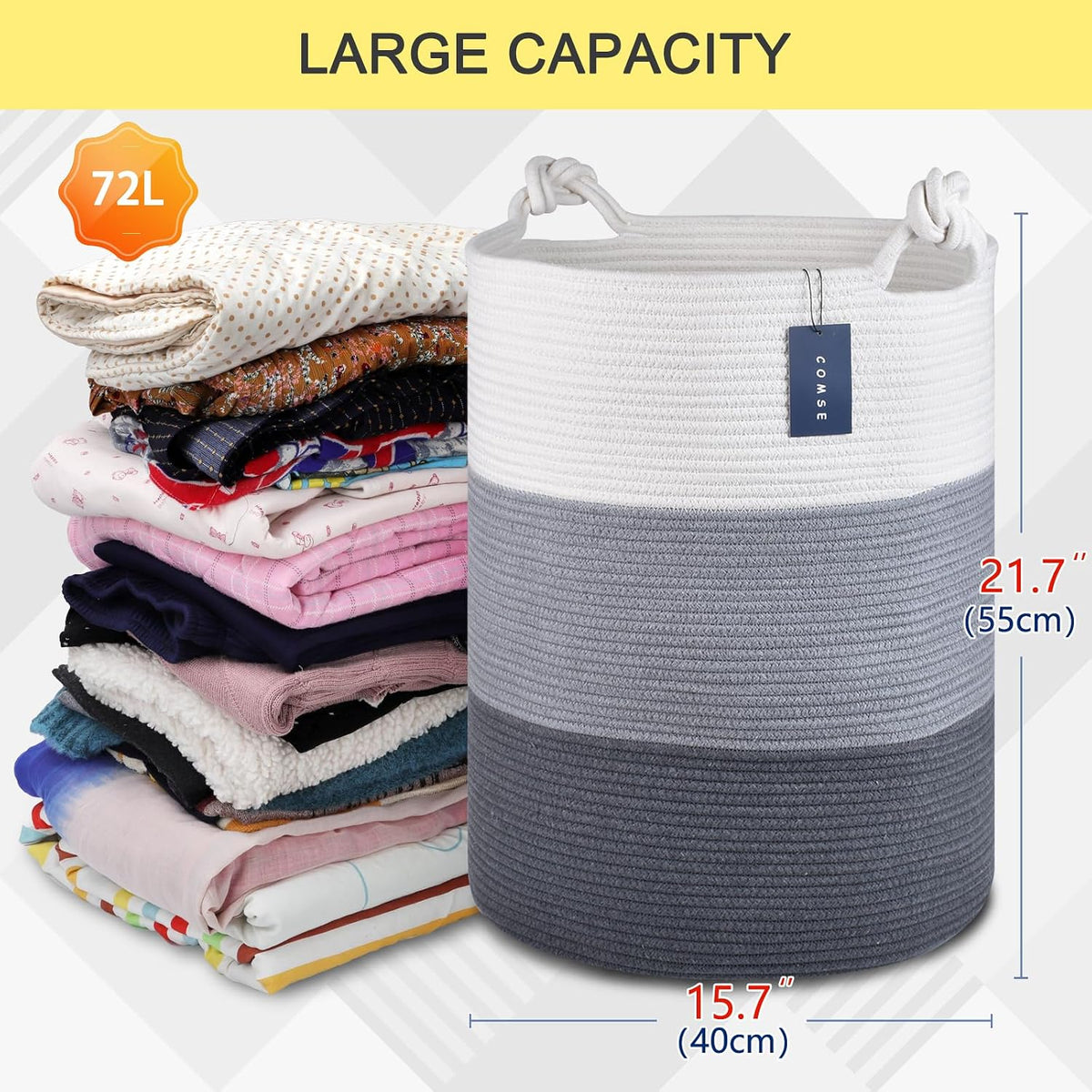 Tall Woven Blanket & Laundry Basket, 72L, Blend White & Navy Blue