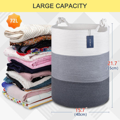 Tall Woven Blanket & Laundry Basket, 72L, Blend White & Navy Blue