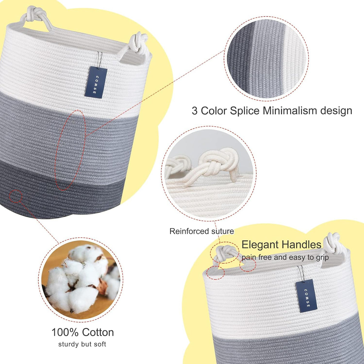 Tall Woven Blanket & Laundry Basket, 72L, Blend White & Navy Blue