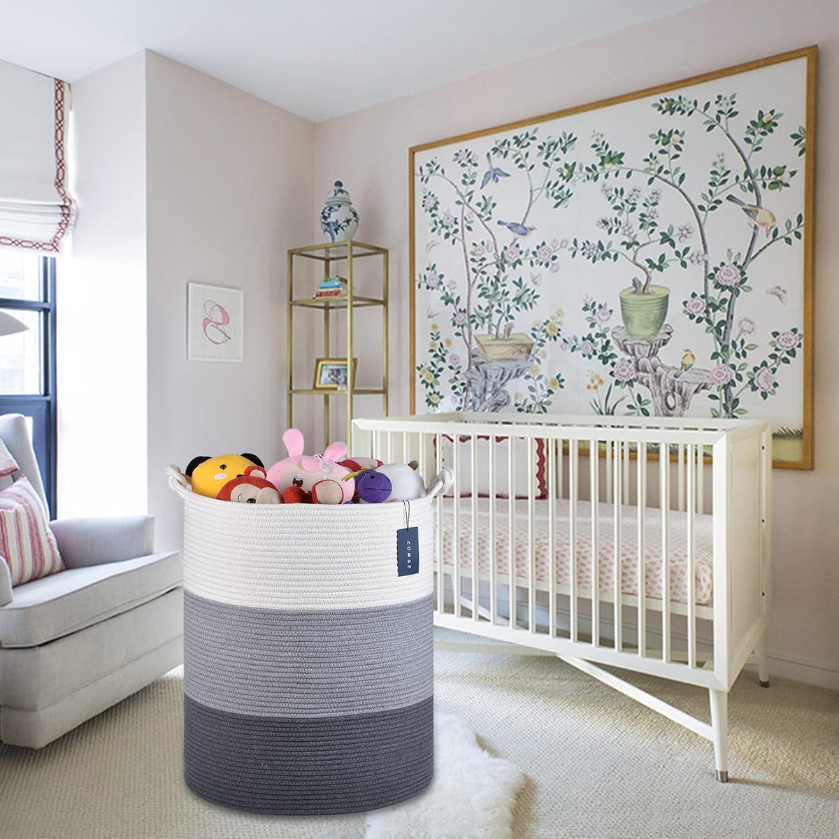 Tall Woven Blanket & Laundry Basket, 72L, Blend White & Navy Blue