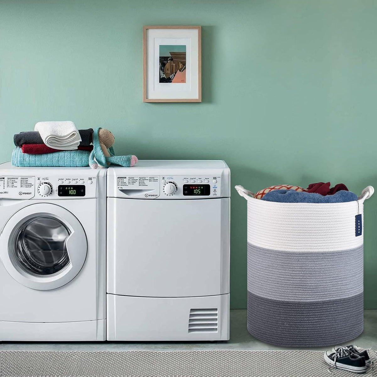 Tall Woven Blanket & Laundry Basket, 72L, Blend White & Navy Blue