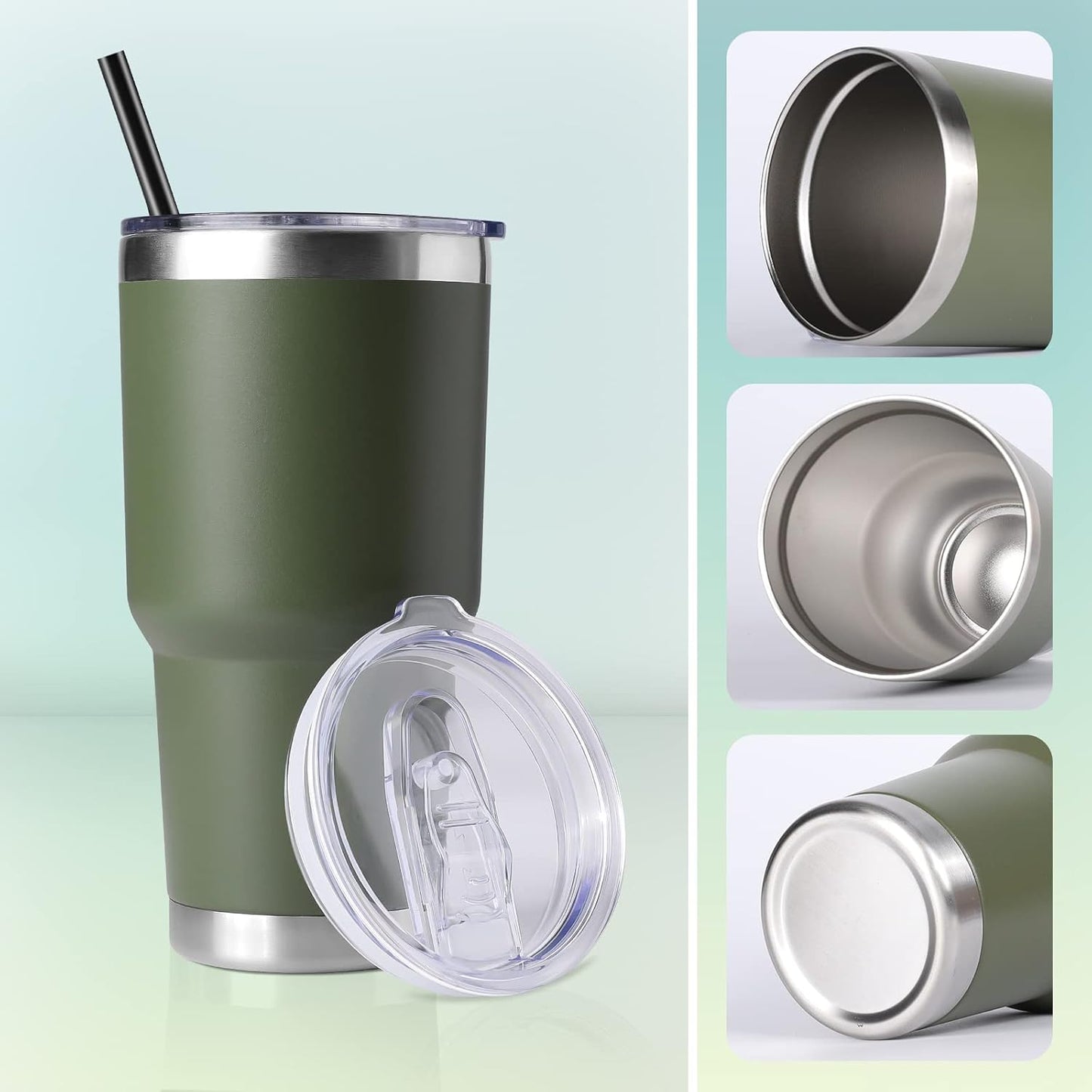 DOMICARE 30 oz Tumbler with Lid and Straw, Stainless Steel Tumblers Bulk, Insulated Vacuum Double Wall Travel Coffee Mug, Durable Powder Coated Tumbler Cup (Army Green, 1)