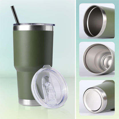 DOMICARE 30 oz Tumbler with Lid and Straw, Stainless Steel Tumblers Bulk, Insulated Vacuum Double Wall Travel Coffee Mug, Durable Powder Coated Tumbler Cup (Army Green, 1)