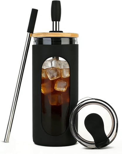 20 oz Glass Tumbler with Lids and Straws, Iced Coffee Cups | Reusable Borosilicate Glass Water Bottle with Silicone Sleeve and Bamboo Lid for Smoothie, Boba, Juice, BPA-Free