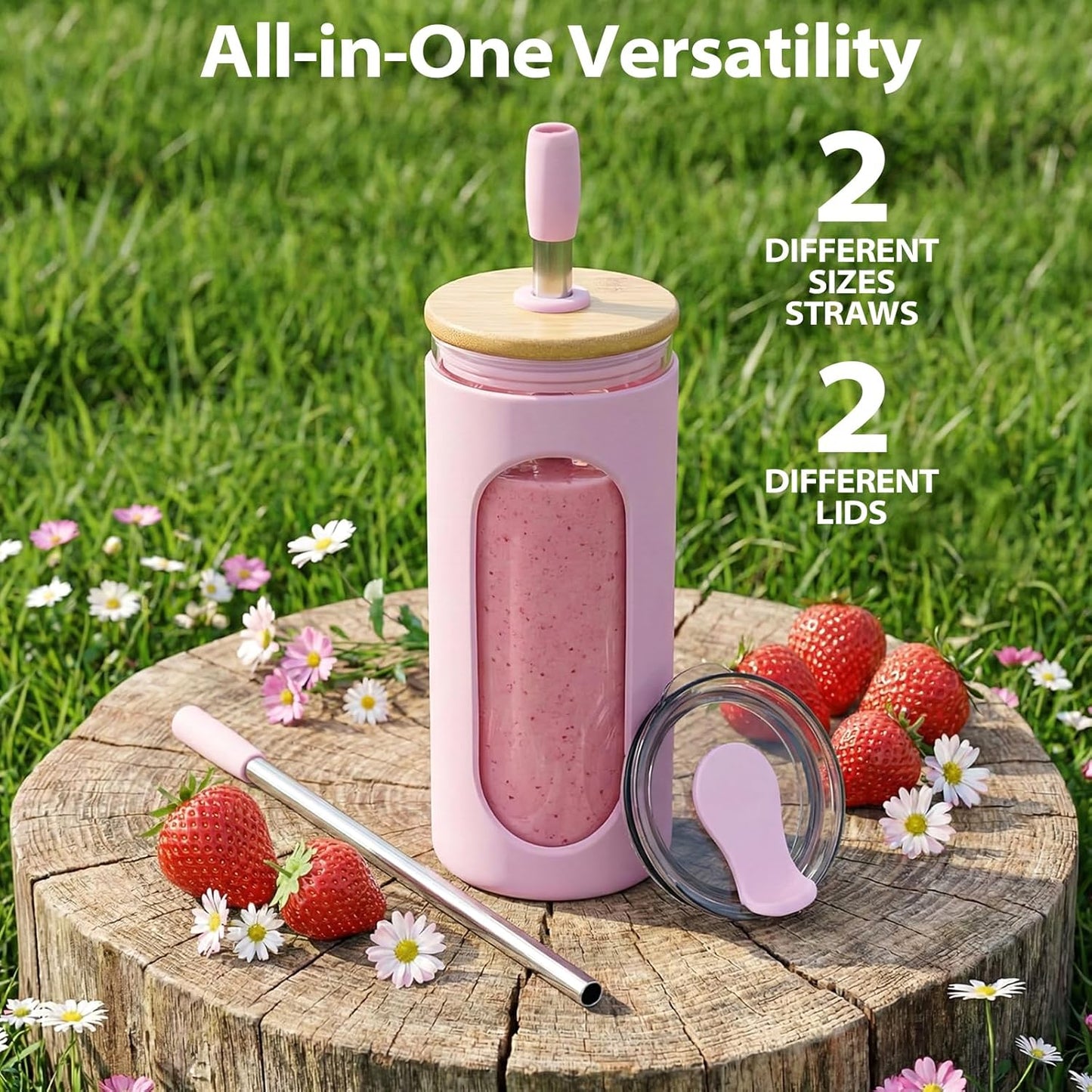 20 oz Glass Tumbler with Lids and Straws, Iced Coffee Cups | Reusable Borosilicate Glass Water Bottle with Silicone Sleeve and Bamboo Lid for Smoothie, Boba, Juice, BPA-Free