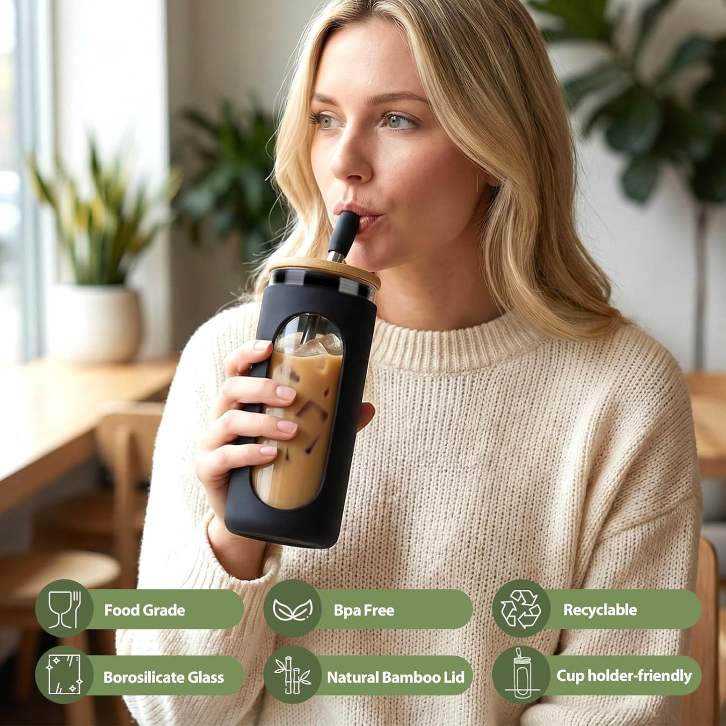 20 oz Glass Tumbler with Lids and Straws, Iced Coffee Cups | Reusable Borosilicate Glass Water Bottle with Silicone Sleeve and Bamboo Lid for Smoothie, Boba, Juice, BPA-Free