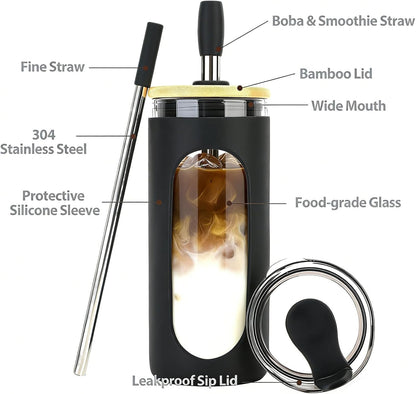 20 oz Glass Tumbler with Lids and Straws, Iced Coffee Cups | Reusable Borosilicate Glass Water Bottle with Silicone Sleeve and Bamboo Lid for Smoothie, Boba, Juice, BPA-Free