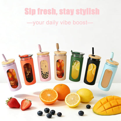 20 oz Glass Tumbler with Lids and Straws, Iced Coffee Cups | Reusable Borosilicate Glass Water Bottle with Silicone Sleeve and Bamboo Lid for Smoothie, Boba, Juice, BPA-Free