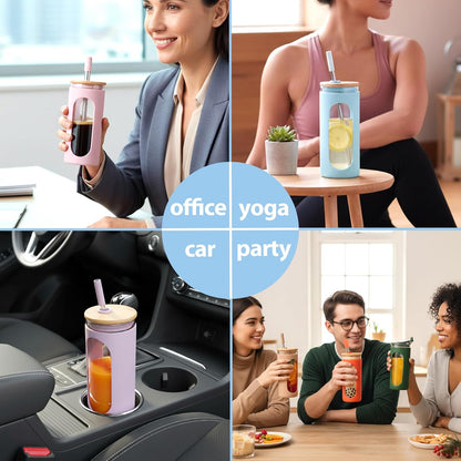 20 oz Glass Tumbler with Lids and Straws, Iced Coffee Cups | Reusable Borosilicate Glass Water Bottle with Silicone Sleeve and Bamboo Lid for Smoothie, Boba, Juice, BPA-Free