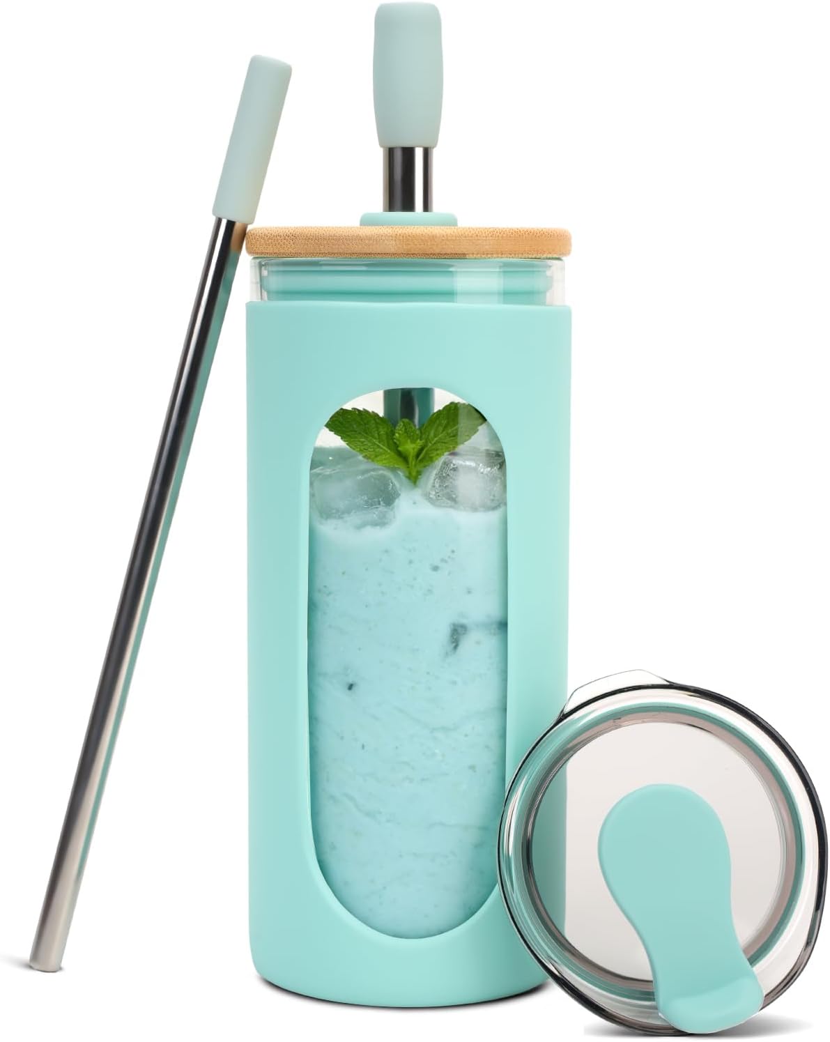 20 oz Glass Tumbler with Lids and Straws, Iced Coffee Cups | Reusable Borosilicate Glass Water Bottle with Silicone Sleeve and Bamboo Lid for Smoothie, Boba, Juice, BPA-Free