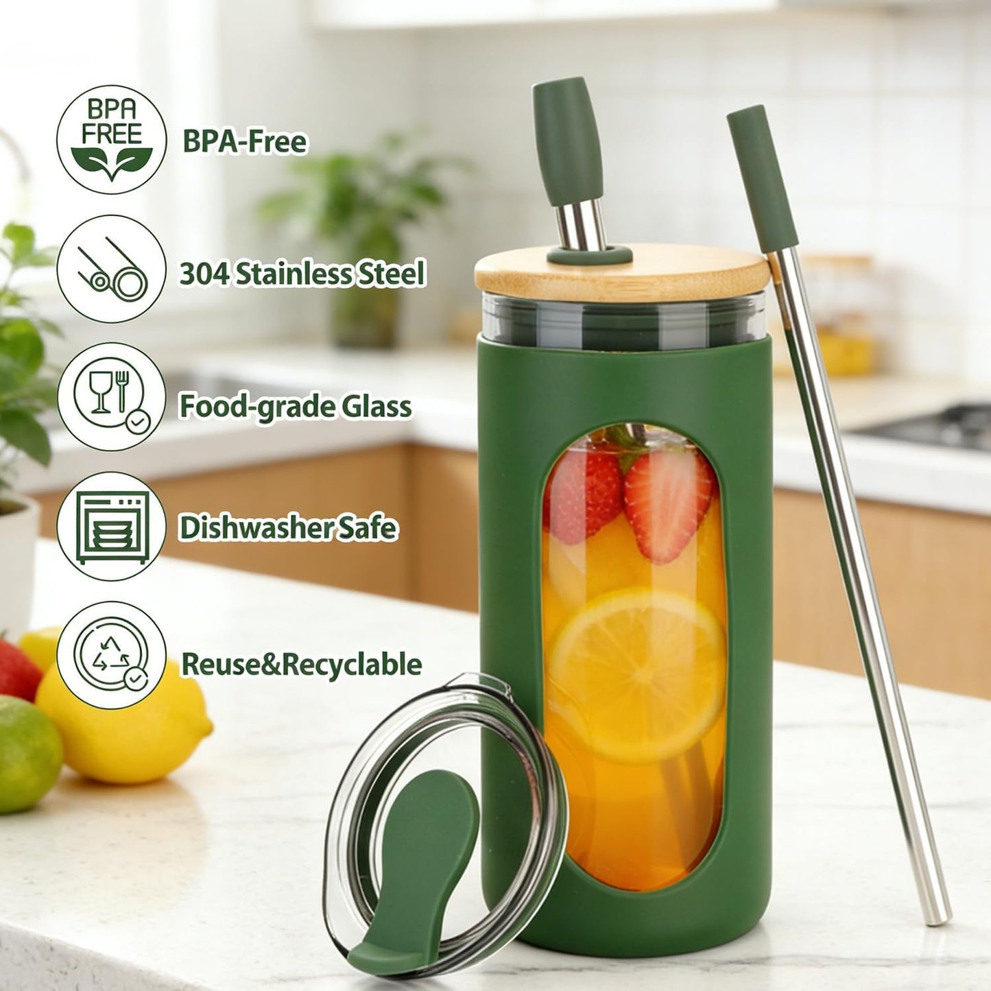 20 oz Glass Tumbler with Lids and Straws, Iced Coffee Cups | Reusable Borosilicate Glass Water Bottle with Silicone Sleeve and Bamboo Lid for Smoothie, Boba, Juice, BPA-Free