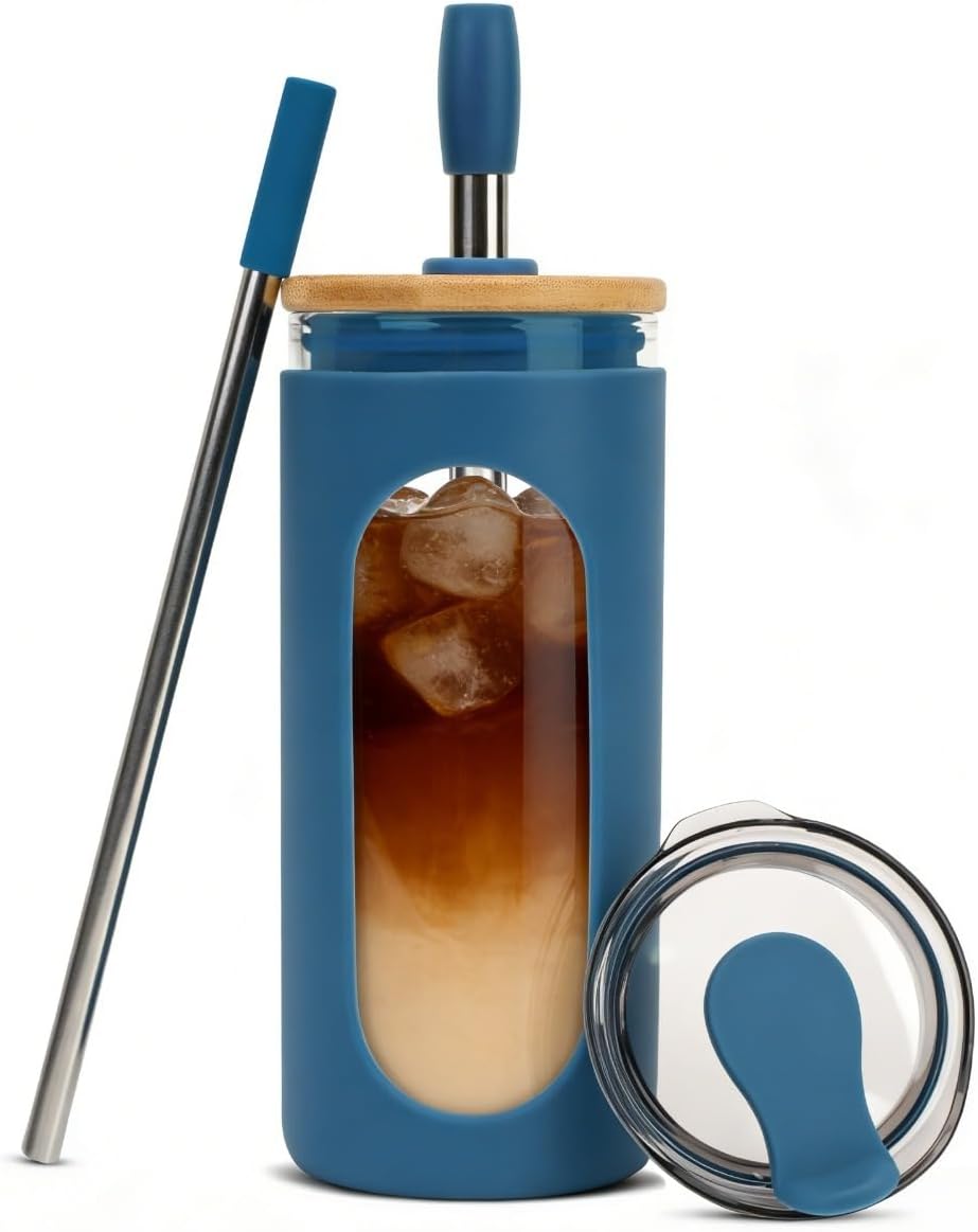 20 oz Glass Tumbler with Lids and Straws, Iced Coffee Cups | Reusable Borosilicate Glass Water Bottle with Silicone Sleeve and Bamboo Lid for Smoothie, Boba, Juice, BPA-Free