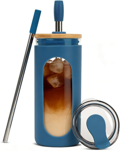 20 oz Glass Tumbler with Lids and Straws, Iced Coffee Cups | Reusable Borosilicate Glass Water Bottle with Silicone Sleeve and Bamboo Lid for Smoothie, Boba, Juice, BPA-Free