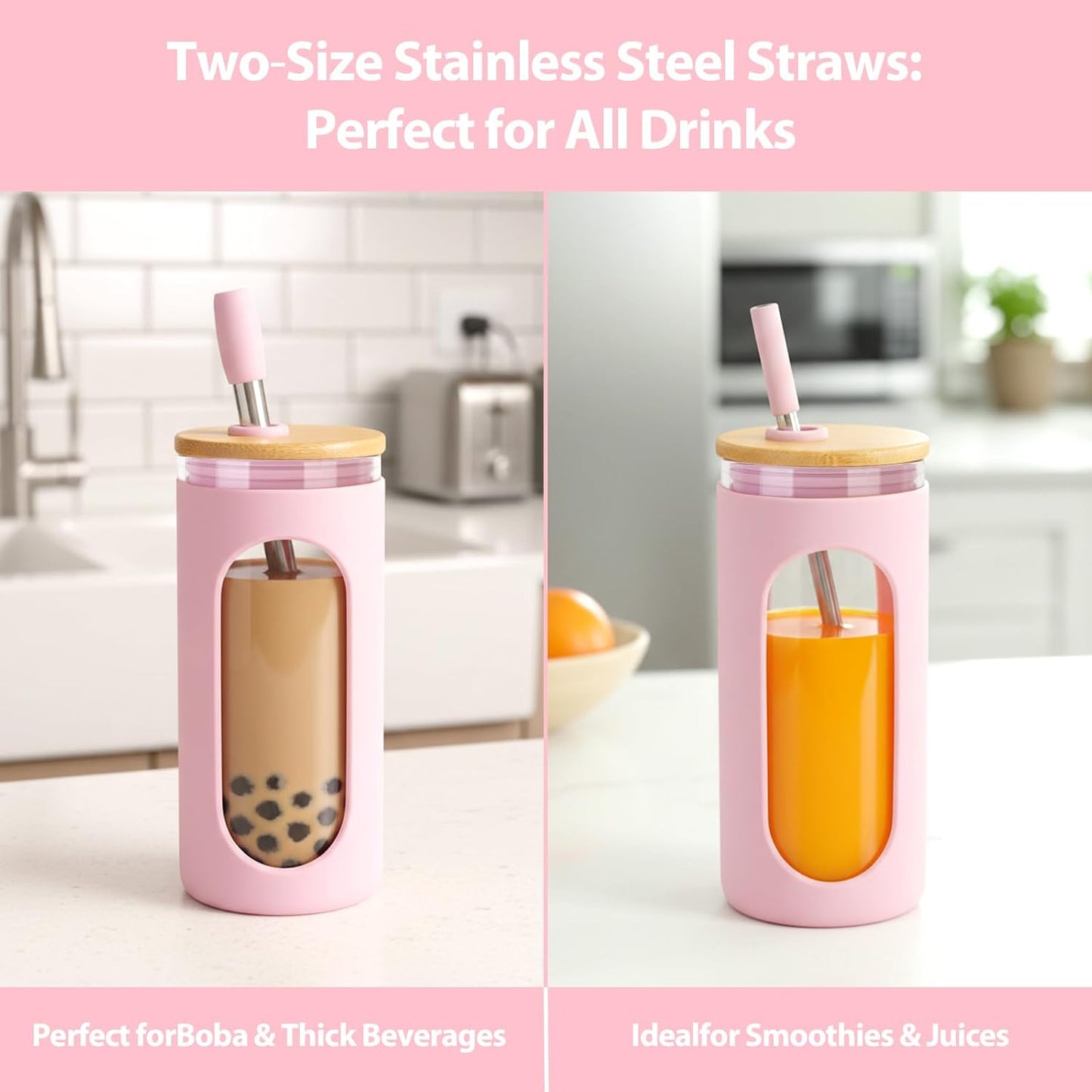 20 oz Glass Tumbler with Lids and Straws, Iced Coffee Cups | Reusable Borosilicate Glass Water Bottle with Silicone Sleeve and Bamboo Lid for Smoothie, Boba, Juice, BPA-Free