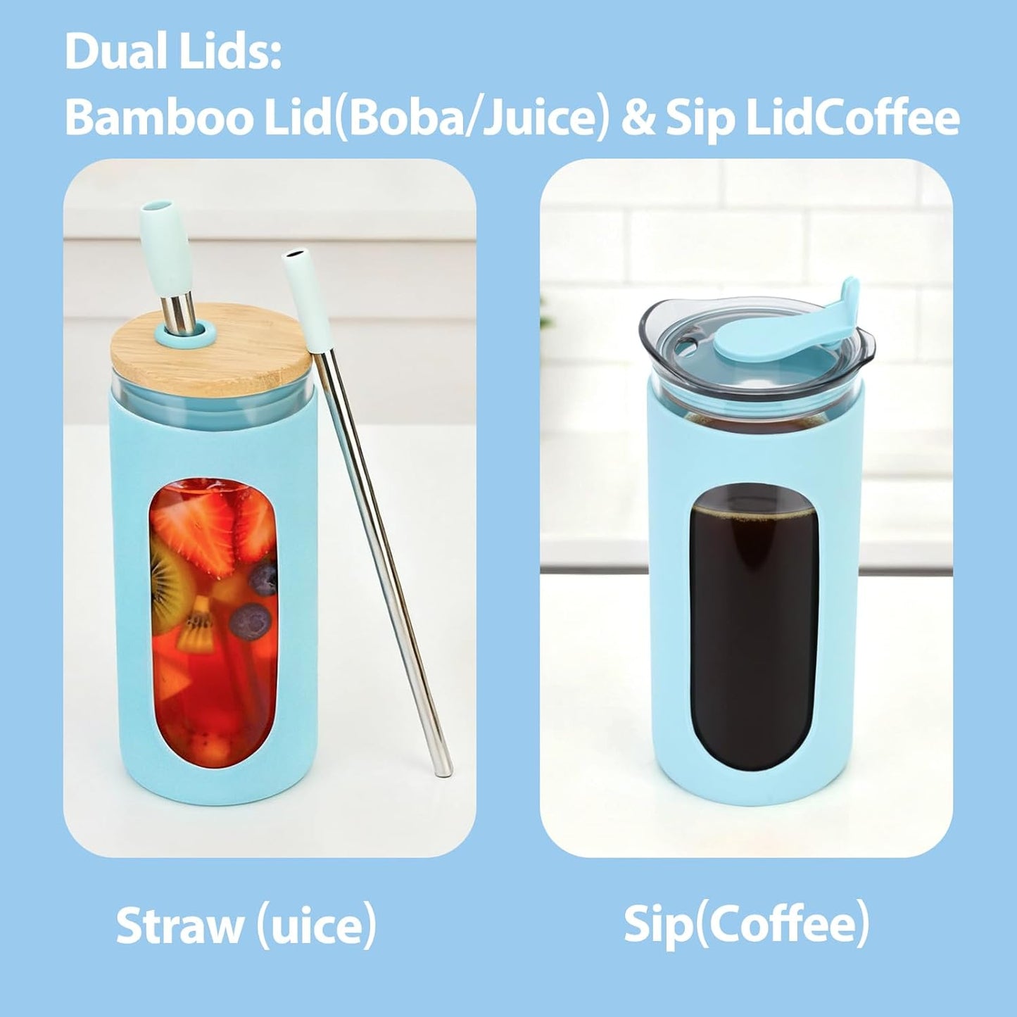 20 oz Glass Tumbler with Lids and Straws, Iced Coffee Cups | Reusable Borosilicate Glass Water Bottle with Silicone Sleeve and Bamboo Lid for Smoothie, Boba, Juice, BPA-Free