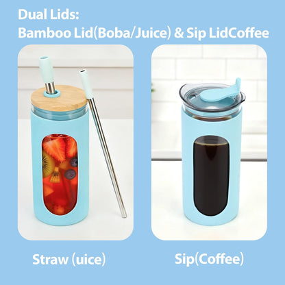 20 oz Glass Tumbler with Lids and Straws, Iced Coffee Cups | Reusable Borosilicate Glass Water Bottle with Silicone Sleeve and Bamboo Lid for Smoothie, Boba, Juice, BPA-Free