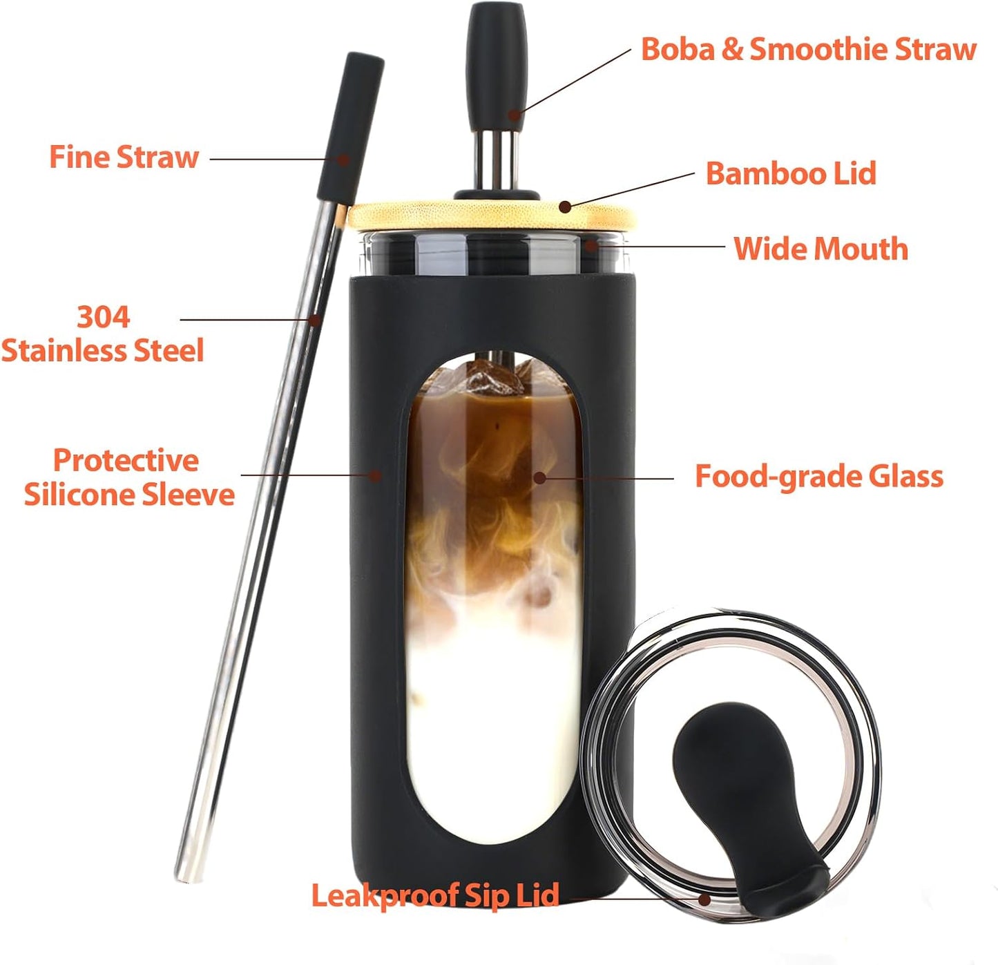 20 oz Glass Tumbler with Lids and Straws, Iced Coffee Cups | Reusable Borosilicate Glass Water Bottle with Silicone Sleeve and Bamboo Lid for Smoothie, Boba, Juice, BPA-Free