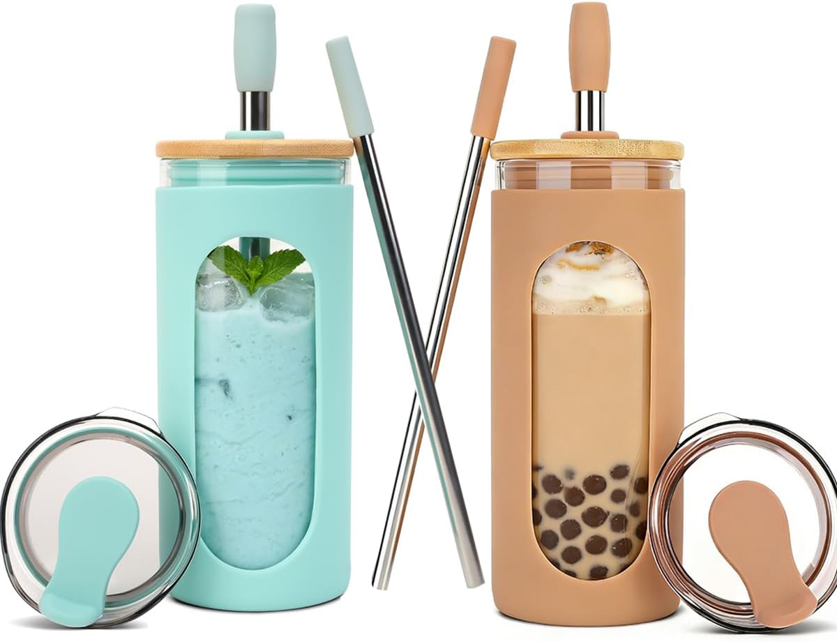 20 oz Glass Tumbler with Lids and Straws, Iced Coffee Cups | Reusable Borosilicate Glass Water Bottle with Silicone Sleeve and Bamboo Lid for Smoothie, Boba, Juice, BPA-Free
