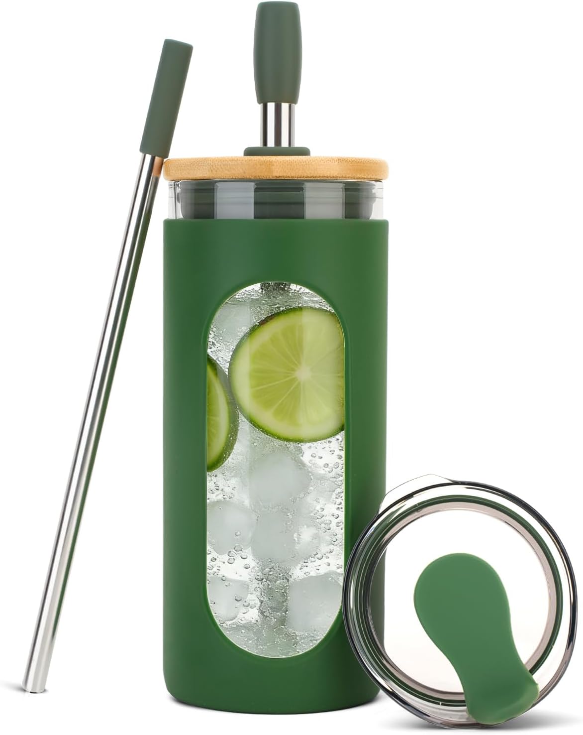 20 oz Glass Tumbler with Lids and Straws, Iced Coffee Cups | Reusable Borosilicate Glass Water Bottle with Silicone Sleeve and Bamboo Lid for Smoothie, Boba, Juice, BPA-Free