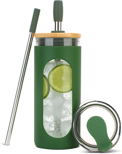 20 oz Glass Tumbler with Lids and Straws, Iced Coffee Cups | Reusable Borosilicate Glass Water Bottle with Silicone Sleeve and Bamboo Lid for Smoothie, Boba, Juice, BPA-Free