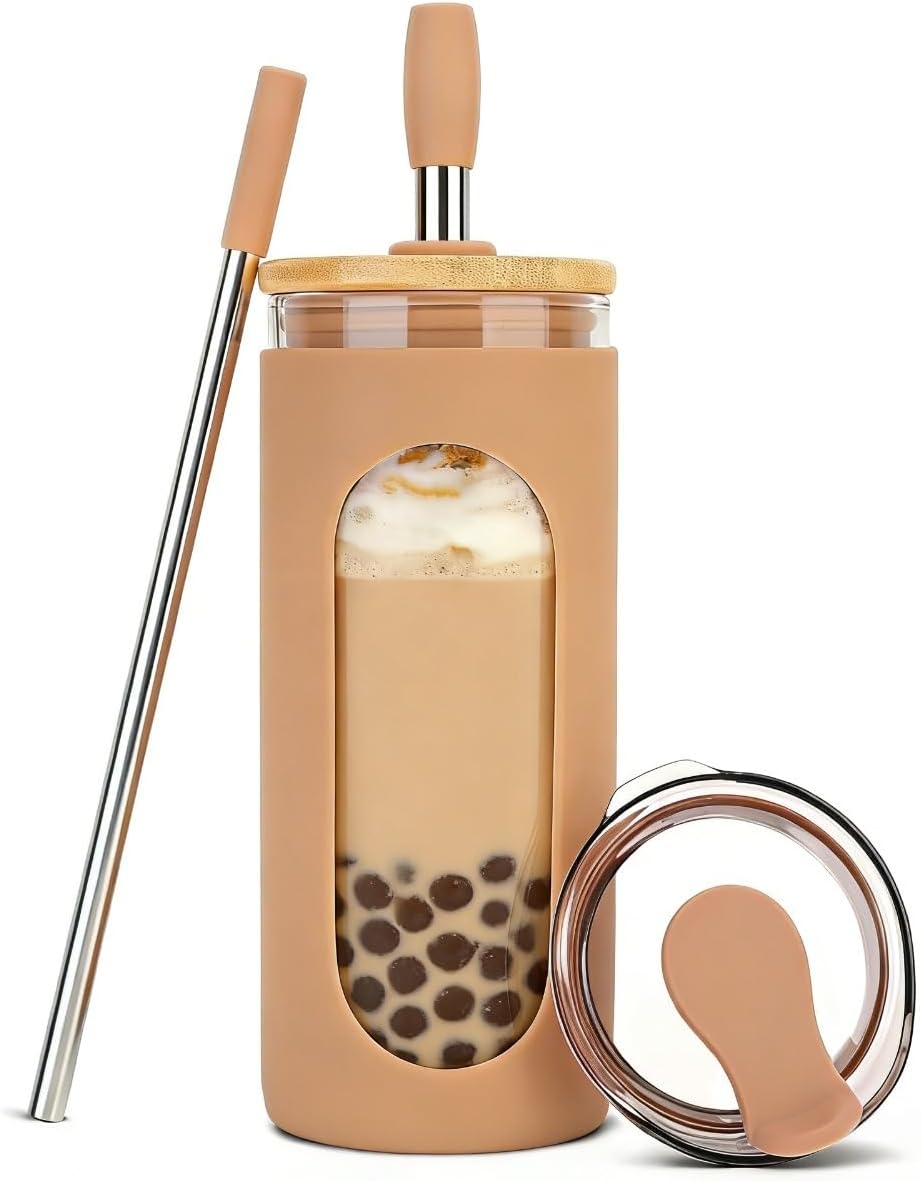 20 oz Glass Tumbler with Lids and Straws, Iced Coffee Cups | Reusable Borosilicate Glass Water Bottle with Silicone Sleeve and Bamboo Lid for Smoothie, Boba, Juice, BPA-Free