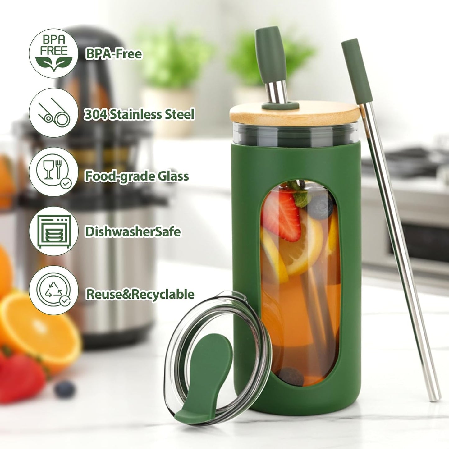20 oz Glass Tumbler with Lids and Straws, Iced Coffee Cups | Reusable Borosilicate Glass Water Bottle with Silicone Sleeve and Bamboo Lid for Smoothie, Boba, Juice, BPA-Free