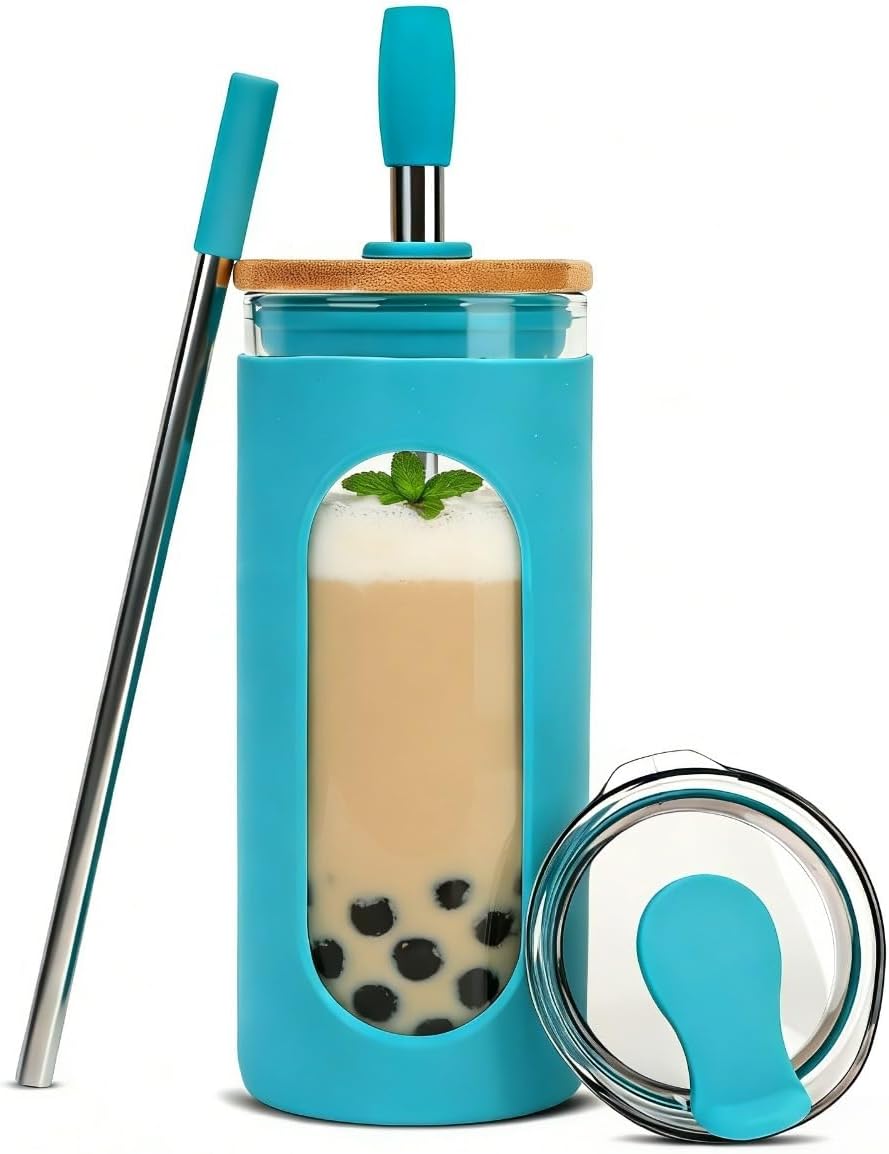 20 oz Glass Tumbler with Lids and Straws, Iced Coffee Cups | Reusable Borosilicate Glass Water Bottle with Silicone Sleeve and Bamboo Lid for Smoothie, Boba, Juice, BPA-Free