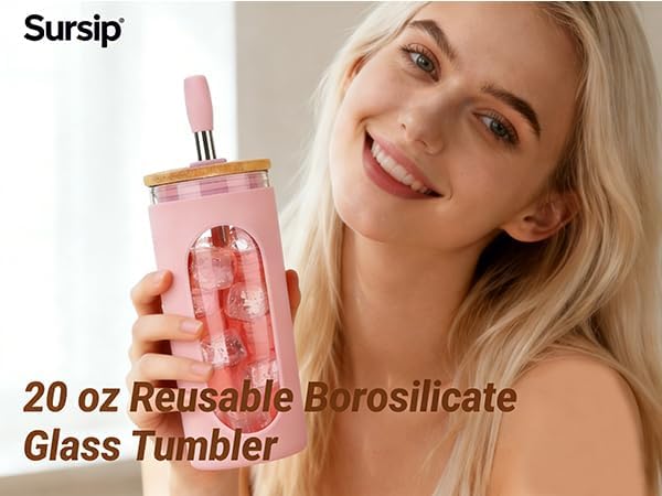 20 oz Glass Tumbler with Lids and Straws, Iced Coffee Cups | Reusable Borosilicate Glass Water Bottle with Silicone Sleeve and Bamboo Lid for Smoothie, Boba, Juice, BPA-Free