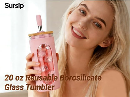 20 oz Glass Tumbler with Lids and Straws, Iced Coffee Cups | Reusable Borosilicate Glass Water Bottle with Silicone Sleeve and Bamboo Lid for Smoothie, Boba, Juice, BPA-Free